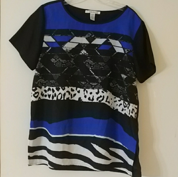 KENNETH COLE Animal Print Black & Blue Top M - Picture 1 of 3